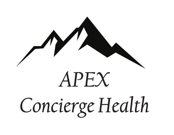 A black and white logo for apex concierge health