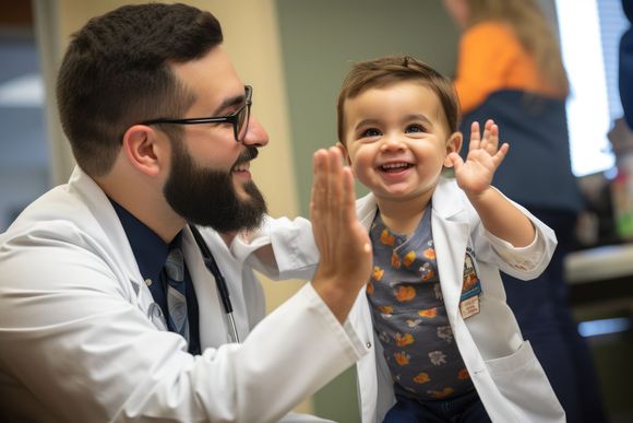 A doctor and a baby are giving each other a high five.
