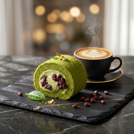 Green rolled cake with red bean filling beside a steaming latte on a dark slate board
