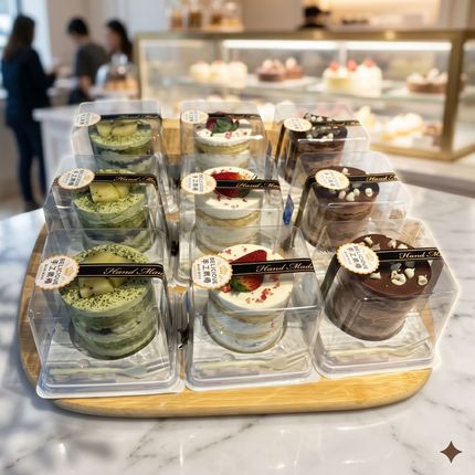 Assorted layered mousse cakes in clear cups displayed on a bakery tray