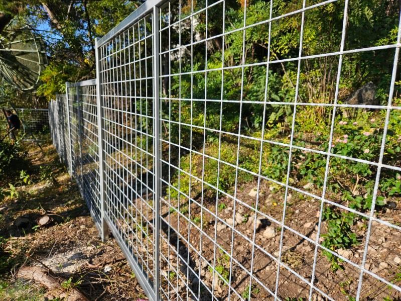 A close up of a metal fence with trees in the background.