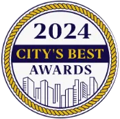2024 City's Best Awards badge, blue and gold, with stylized city skyline.
