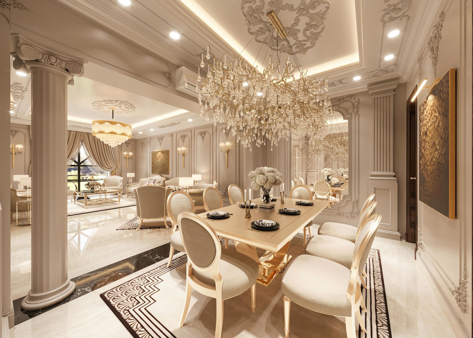 A dining room with a round table and chairs.