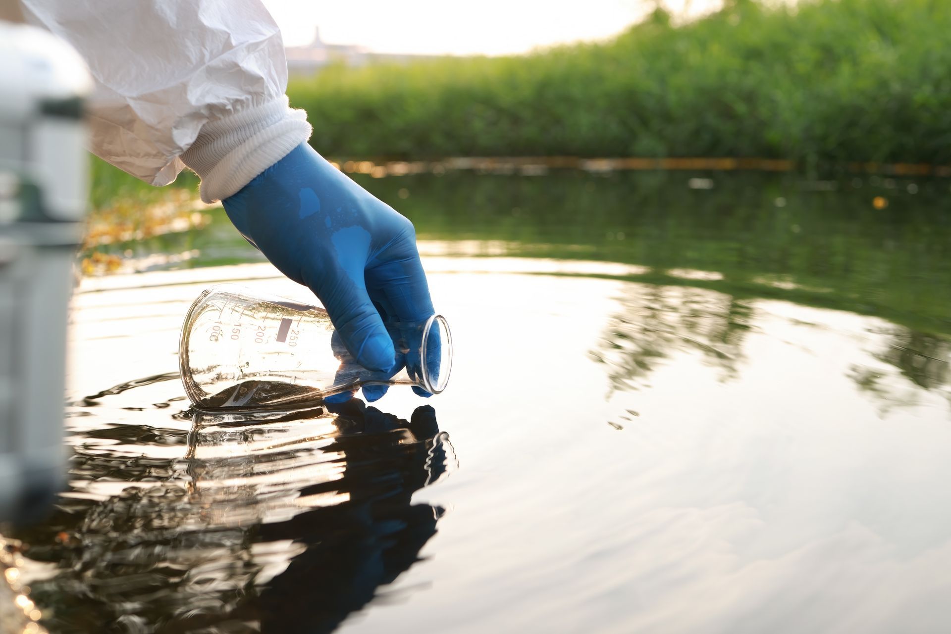 Una persona che indossa guanti blu sta prelevando un campione d'acqua da un fiume.