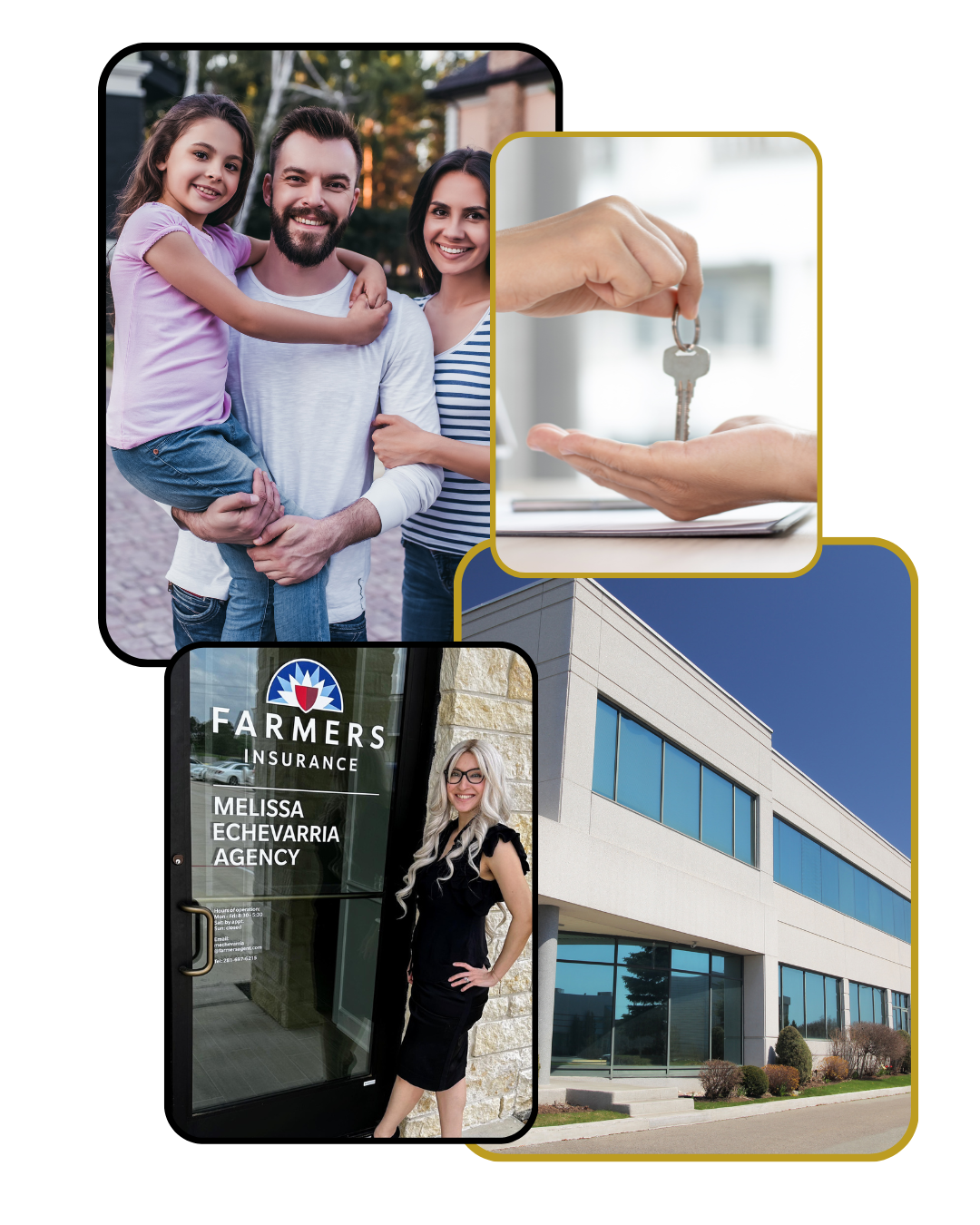 A picture of a family , a woman holding a key , and a picture of a building.