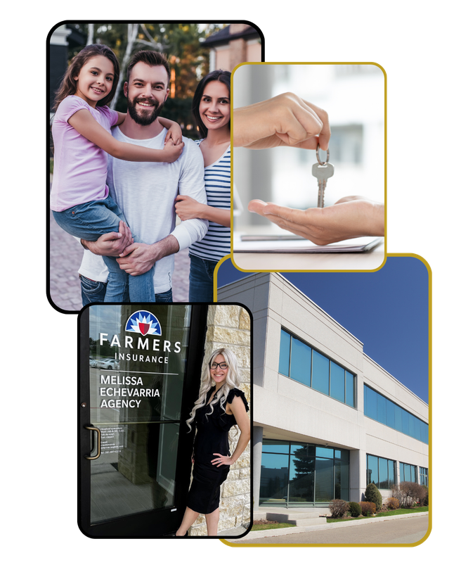 A picture of a family , a woman holding a key , and a picture of a building.