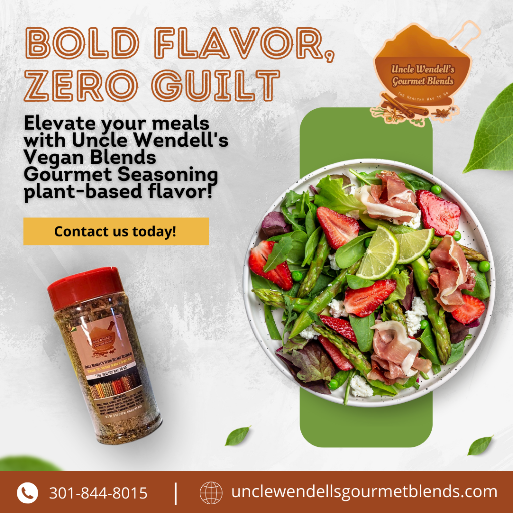 An advertisement for uncle wendell 's vegan blends gourmet seasoning plant-based flavor.