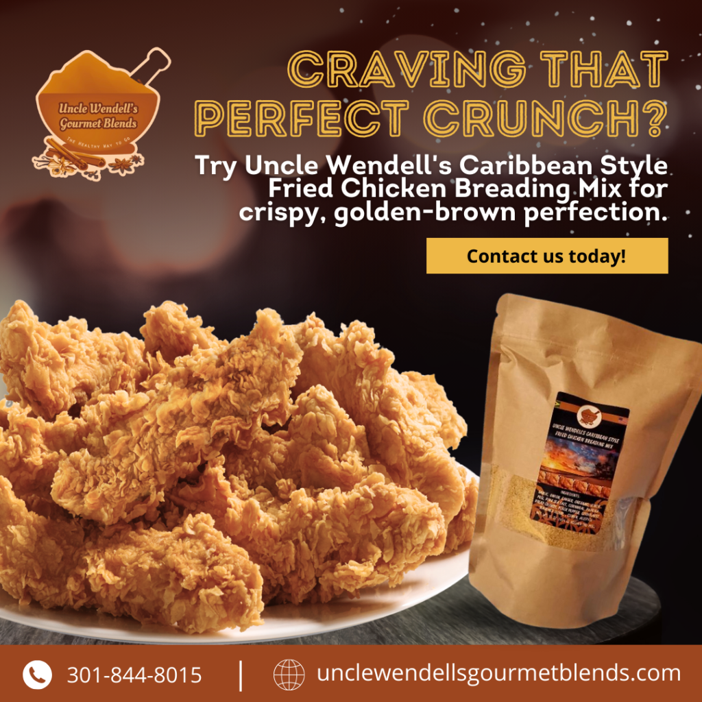 An advertisement for uncle wendell 's caribbean style fried chicken breading mix