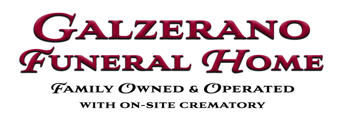 Logo for Galzerano Funeral Home: burgundy script text with "Family Owned..." tagline.