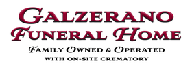 Logo for Galzerano Funeral Home: burgundy script text with "Family Owned..." tagline.