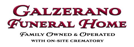 Logo for Galzerano Funeral Home: burgundy script text with 