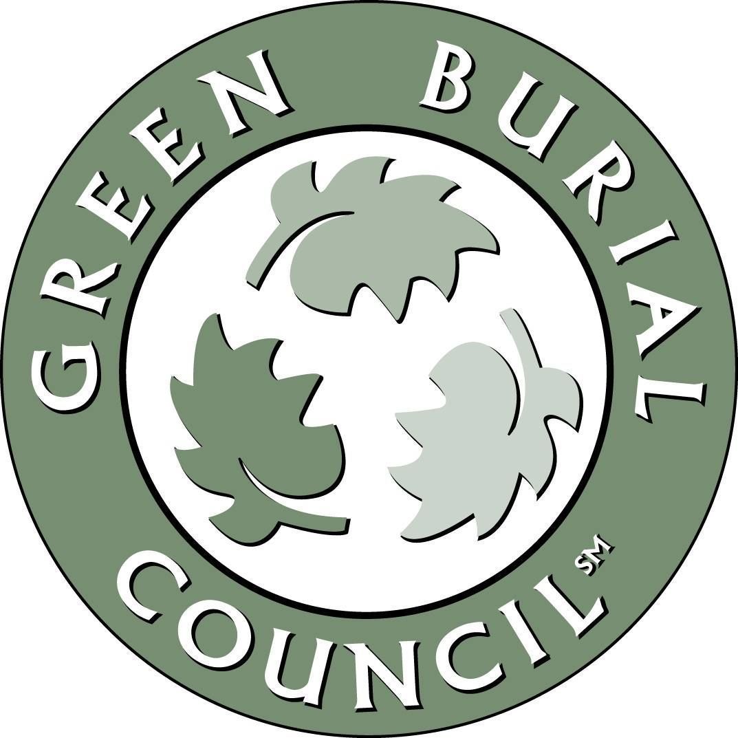 Green Burial Council logo: Green circle with white text. Center has three leaf shapes, two shades of green.