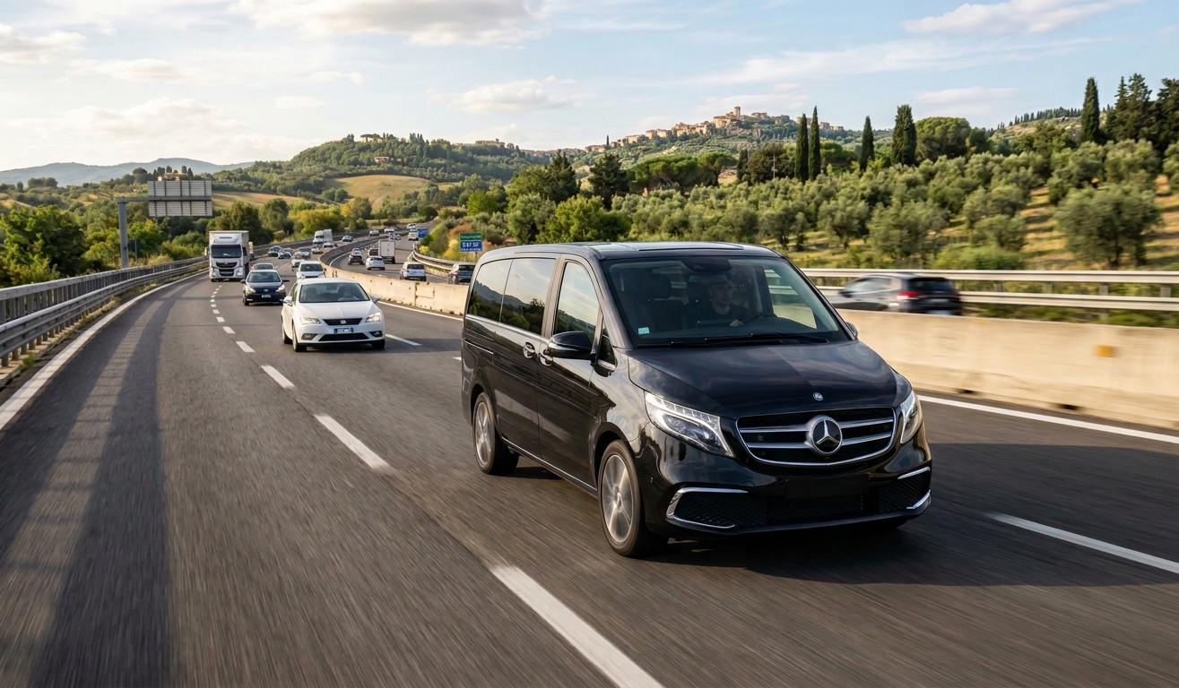 Una berlina Mercedes-Benz nera percorre un'autostrada con altri veicoli sullo sfondo, sotto un cielo parzialmente nuvoloso.