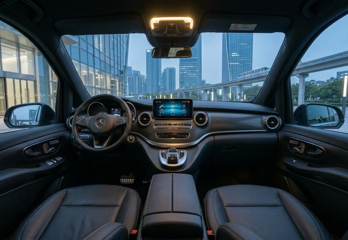 Vista dal posto di guida di un'auto moderna nera con interni in pelle, volante e panorama cittadino all'esterno.