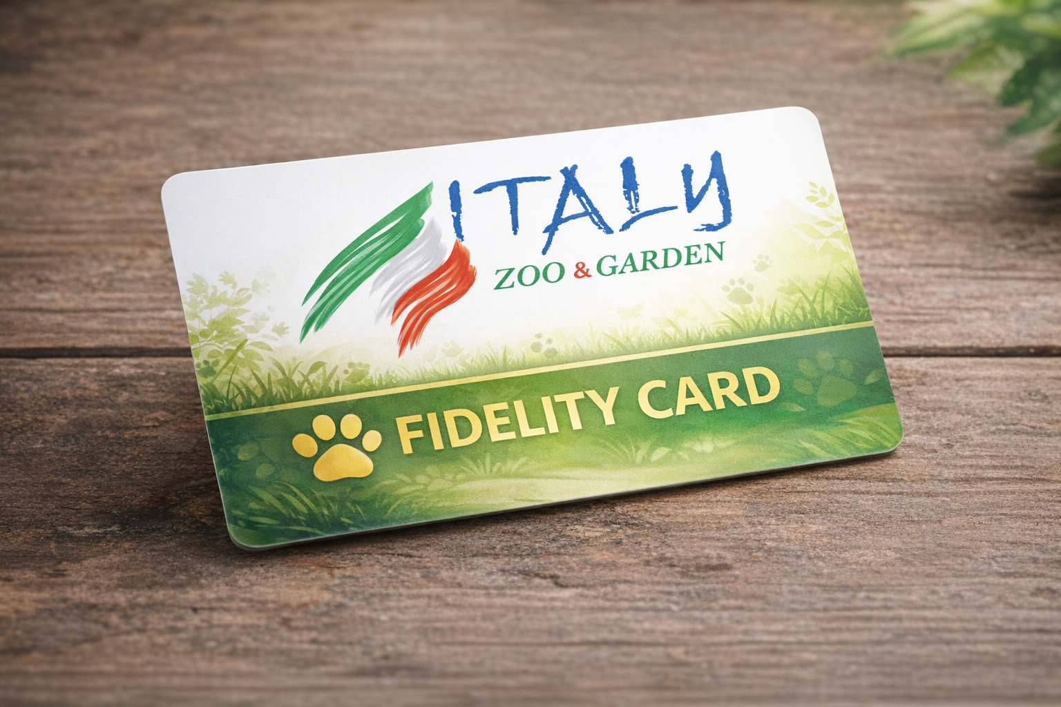 Tessera fedeltà per Italy Zoo & Garden con i colori della bandiera italiana e l'impronta di una zampa.