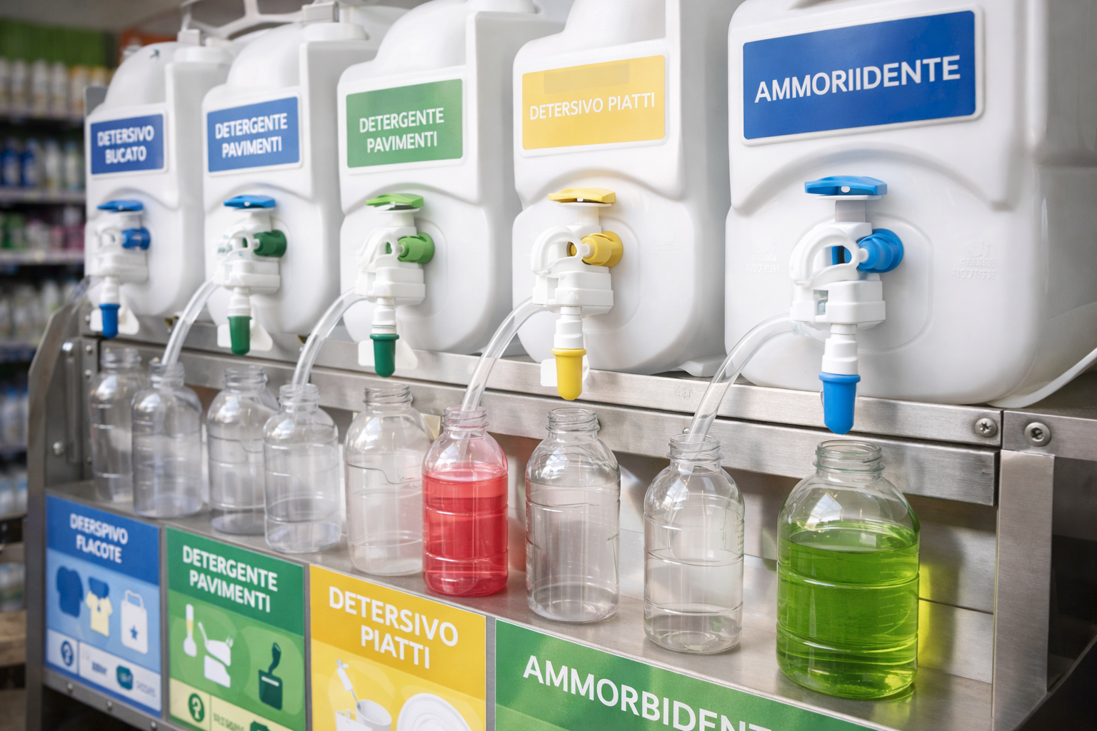 Dispenser con diversi contenitori di prodotti per la pulizia, distribuiti in bottiglie di vetro.