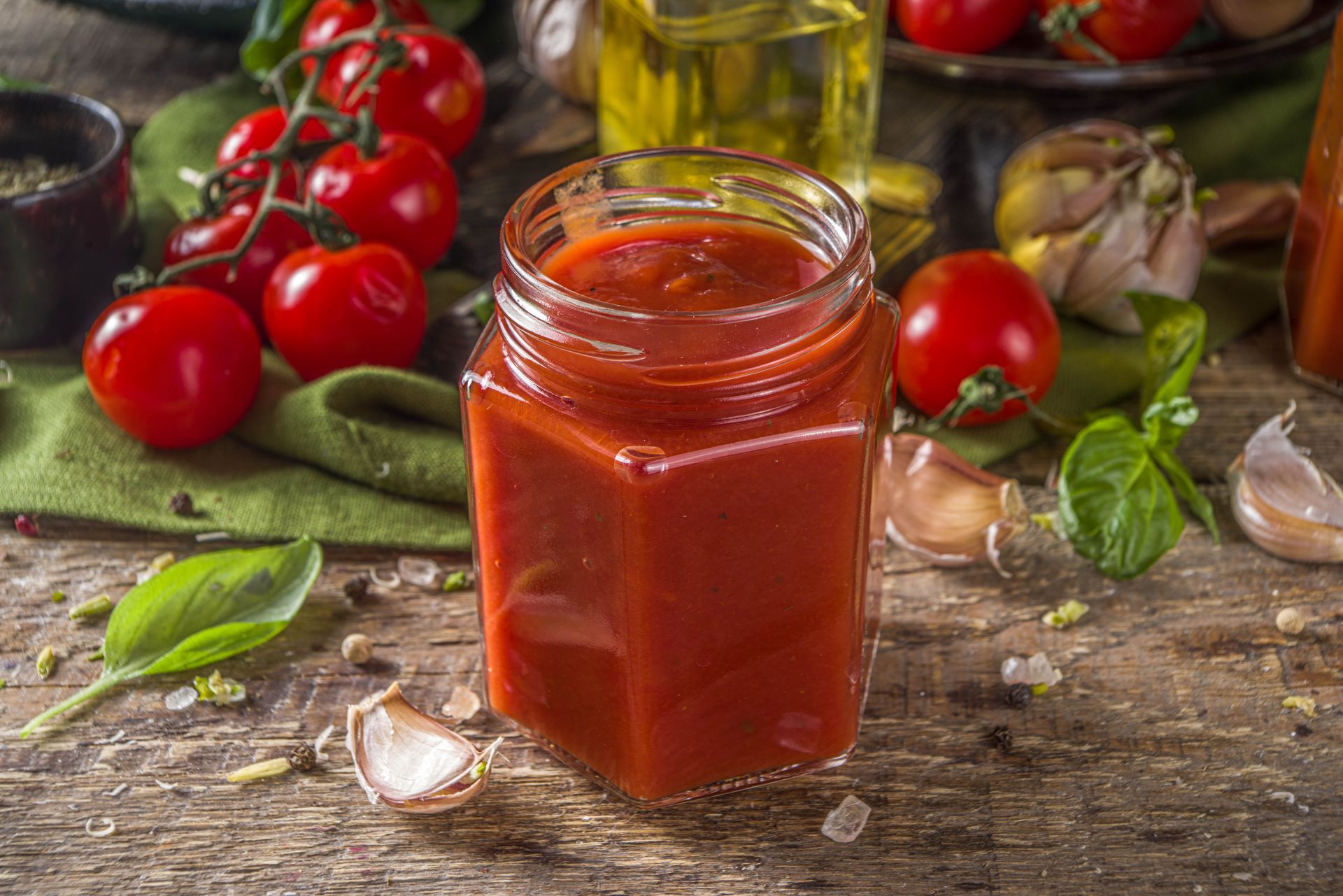 Barattolo di salsa di pomodoro circondato da pomodori freschi, aglio, basilico e olio d'oliva su una superficie di legno.