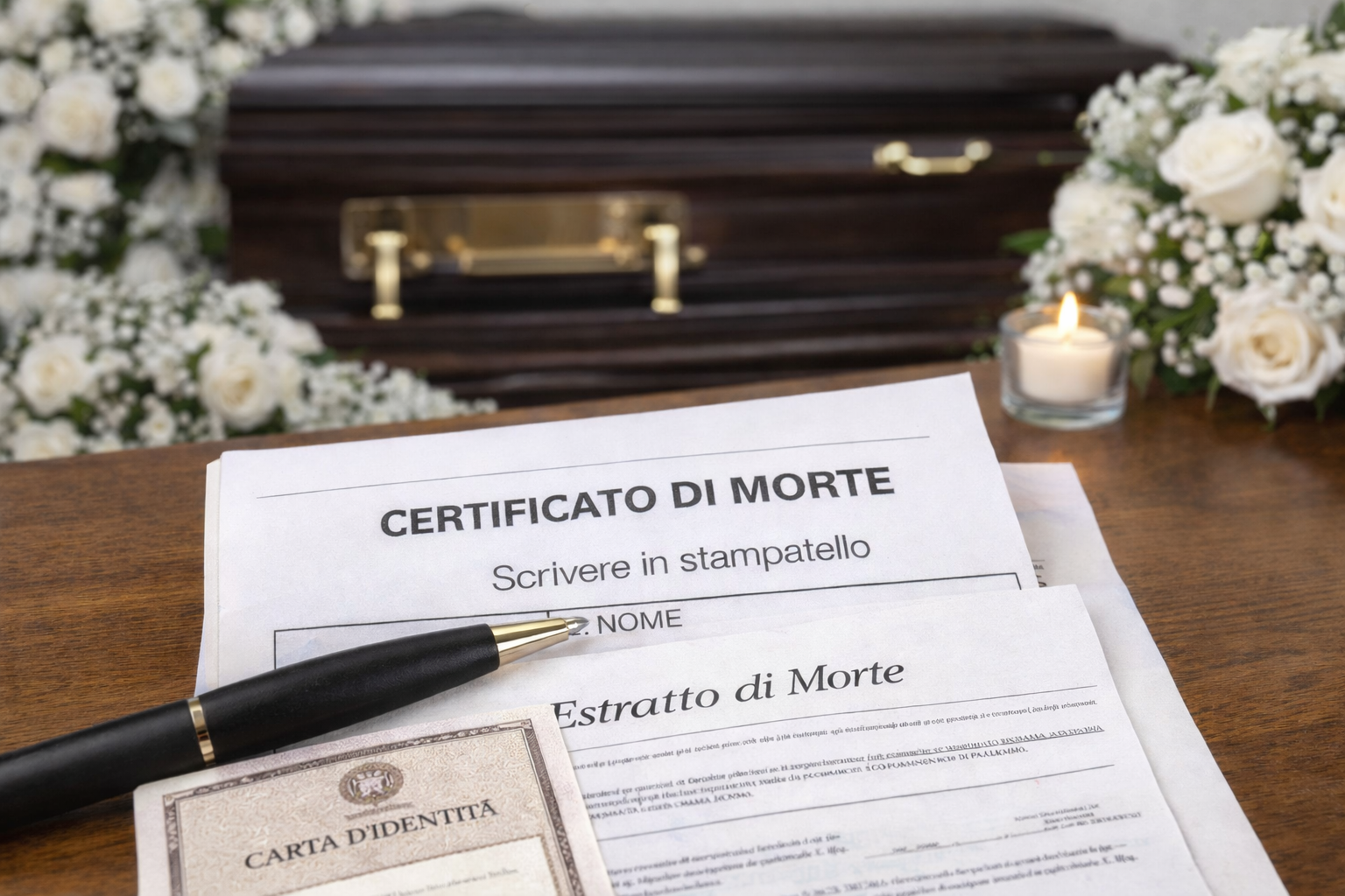 Documenti, penna e bara su un tavolo, con fiori e una candela accesa, probabilmente a un funerale.