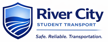 Logo for River City Student Transport with a blue shield icon featuring white waves and the company name.