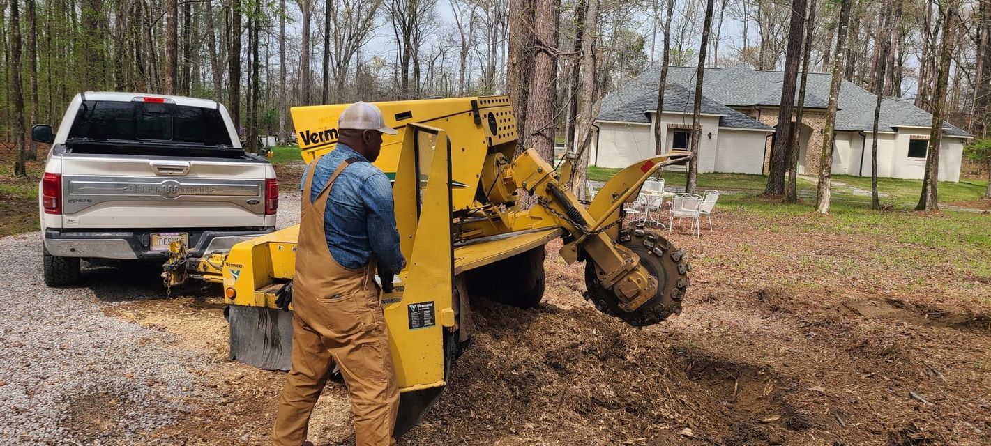 A man is standing next to a tree stump grinder.