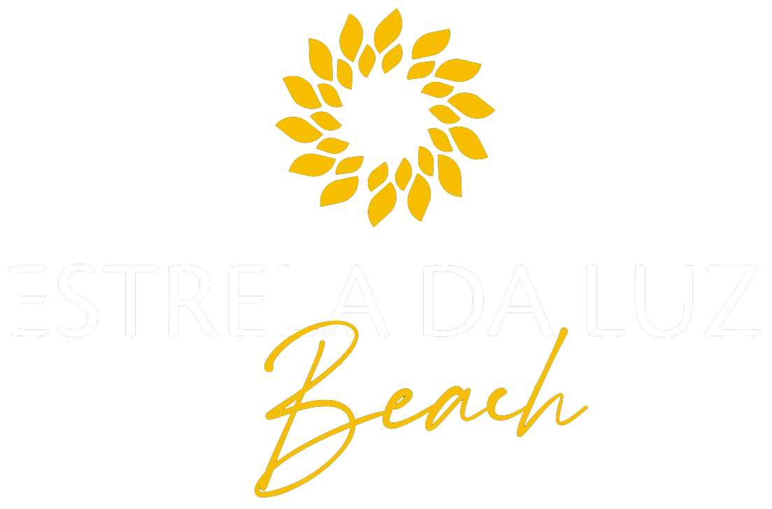 A logo for a beach resort with a sun and leaves in a circle.