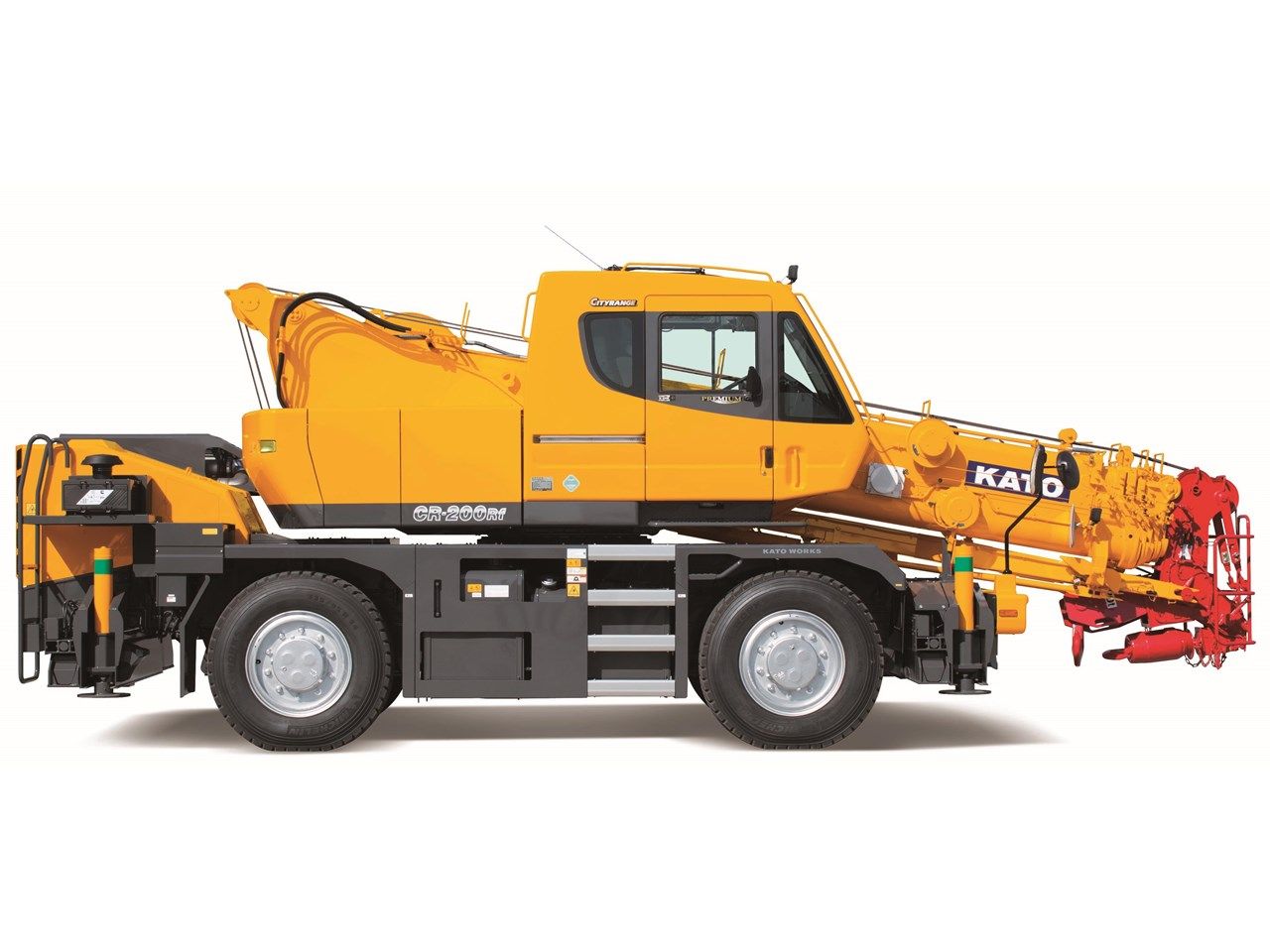 A yellow truck with a red crane attached to it on a white background.