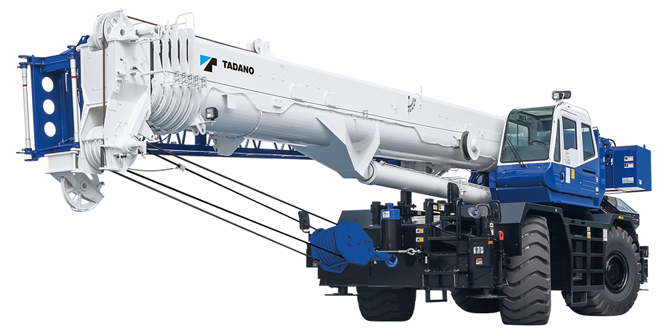 A large crane is sitting on top of a truck on a white background.