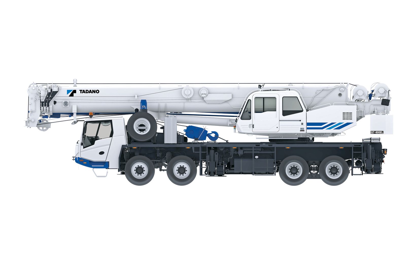 A white and blue truck with a crane attached to it on a white background.