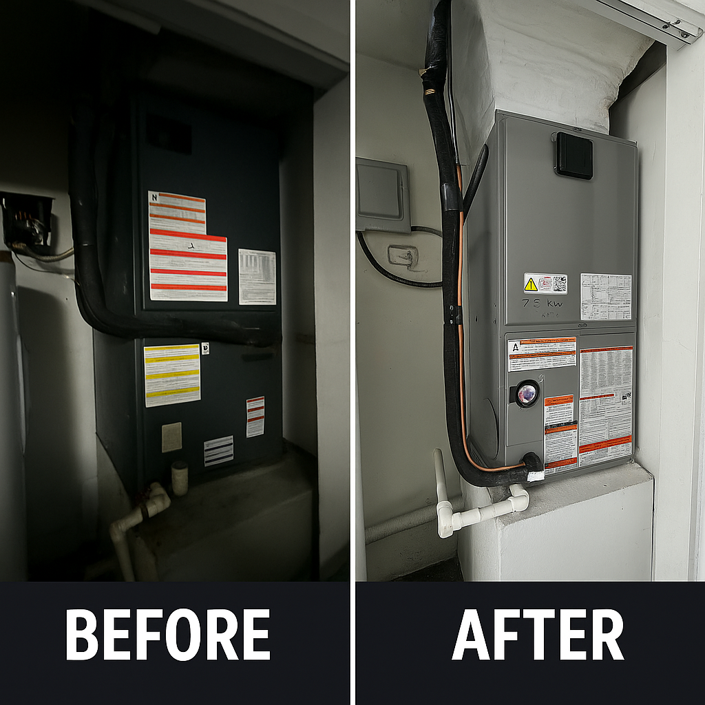 Before and after photo of a furnace, showing a dark, older unit replaced with a new, gray model.
