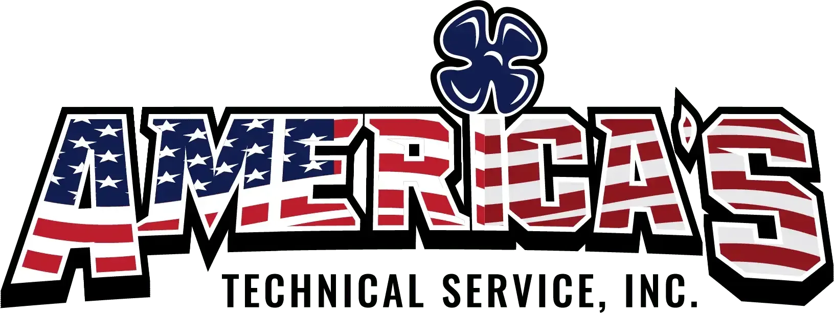 Logo for America's Technical Service, Inc. with American flag lettering and a blue clover emblem.