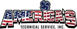 Logo for America's Technical Service, Inc. with American flag lettering and a blue clover emblem.