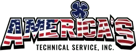 Logo for America's Technical Service, Inc. with American flag lettering and a blue clover emblem.