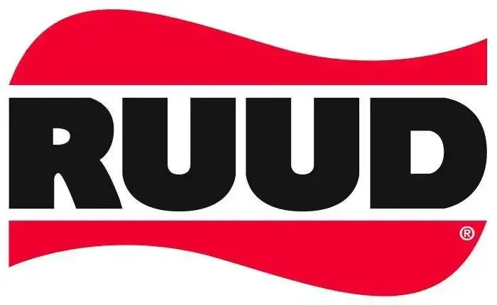 RUUD logo with black letters on a white background, framed by red horizontal bands.