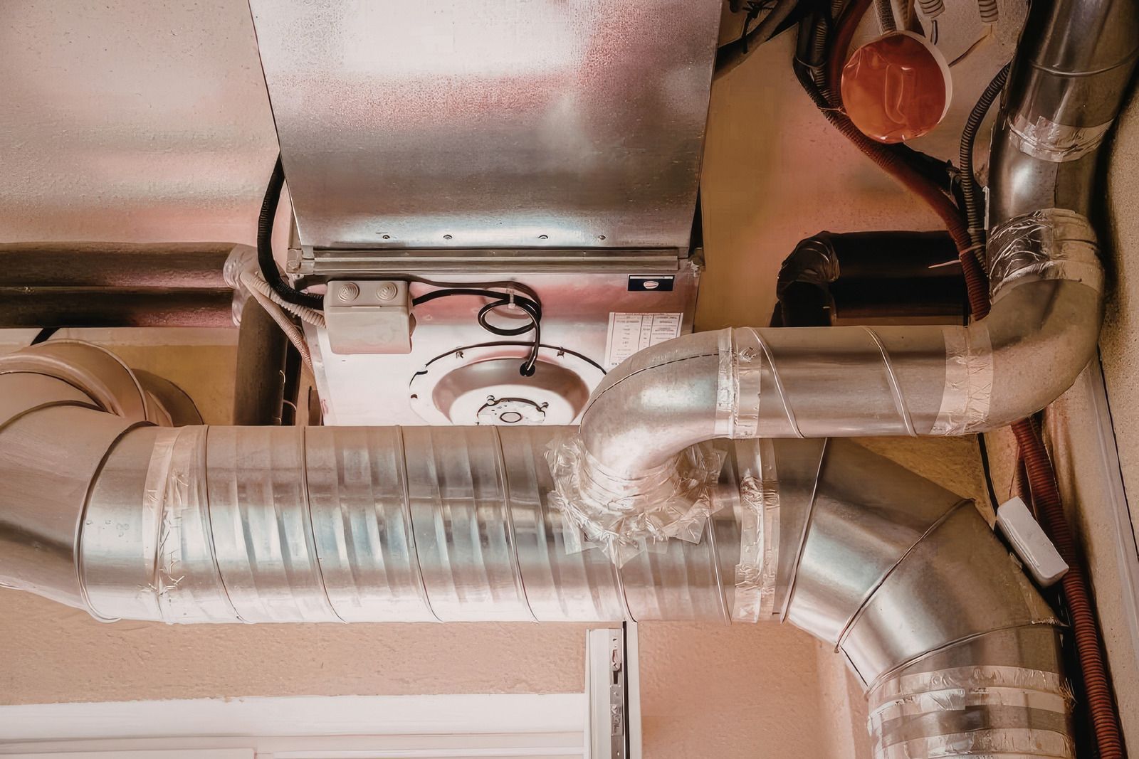 HVAC ductwork with silver metal pipes and insulation tape, connected to a unit in a ceiling space.