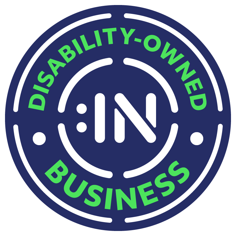 A blue and green logo that says disability owned business