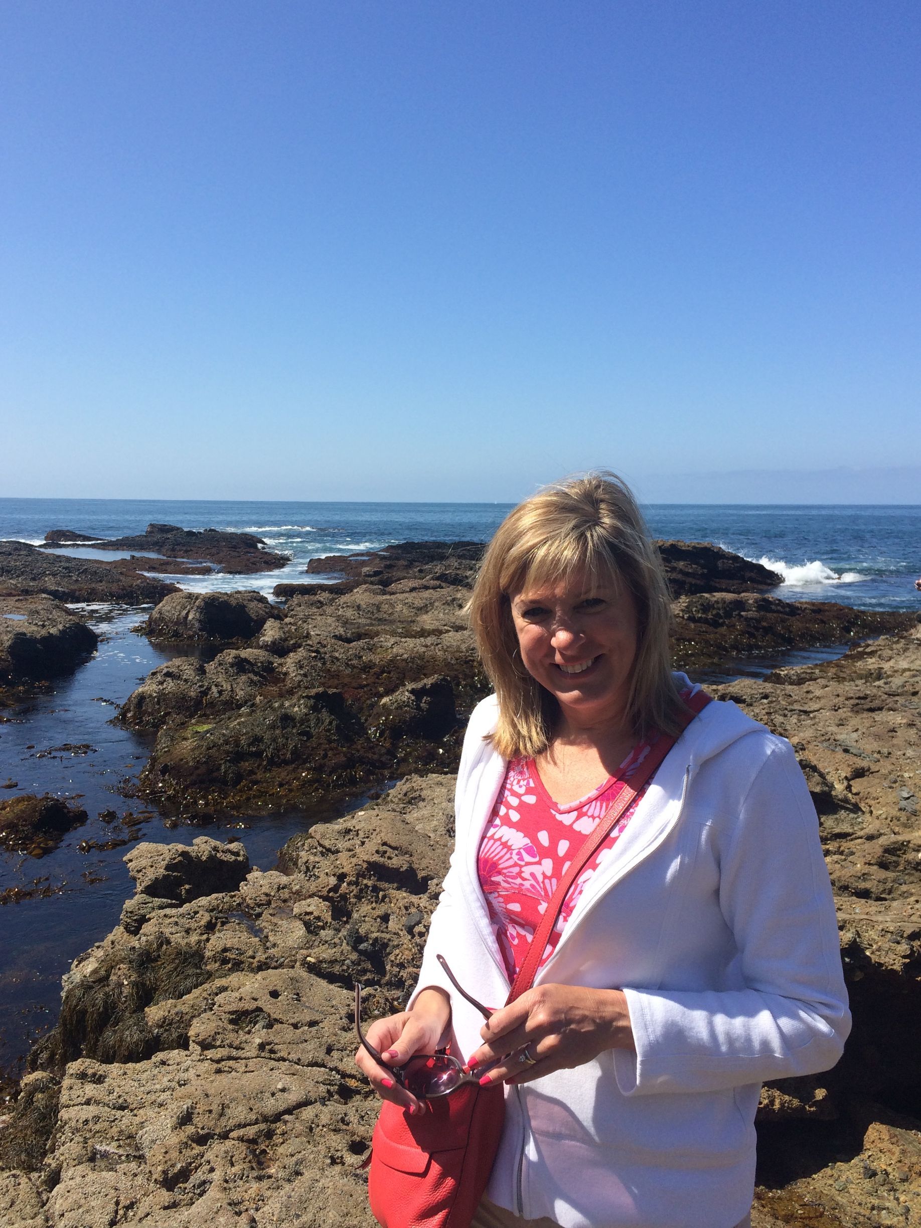 A woman is standing on a rocky beach near the ocean.
