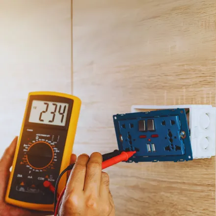 Grounded Electric - A person is measuring a socket with a digital multimeter that reads 234