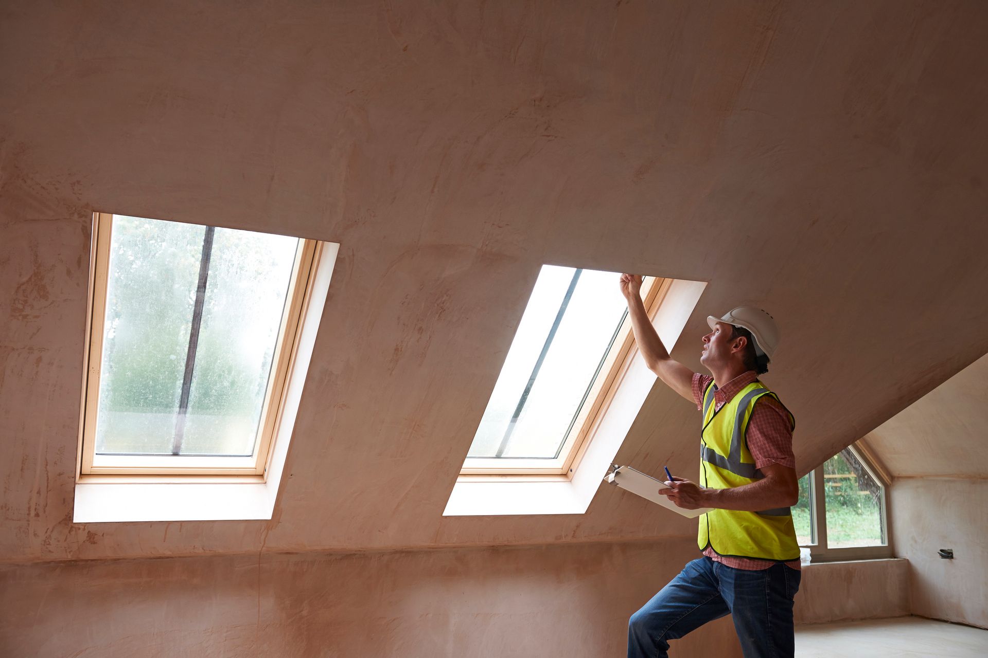 A man is looking out of a skylight in a room while holding a clipboard.