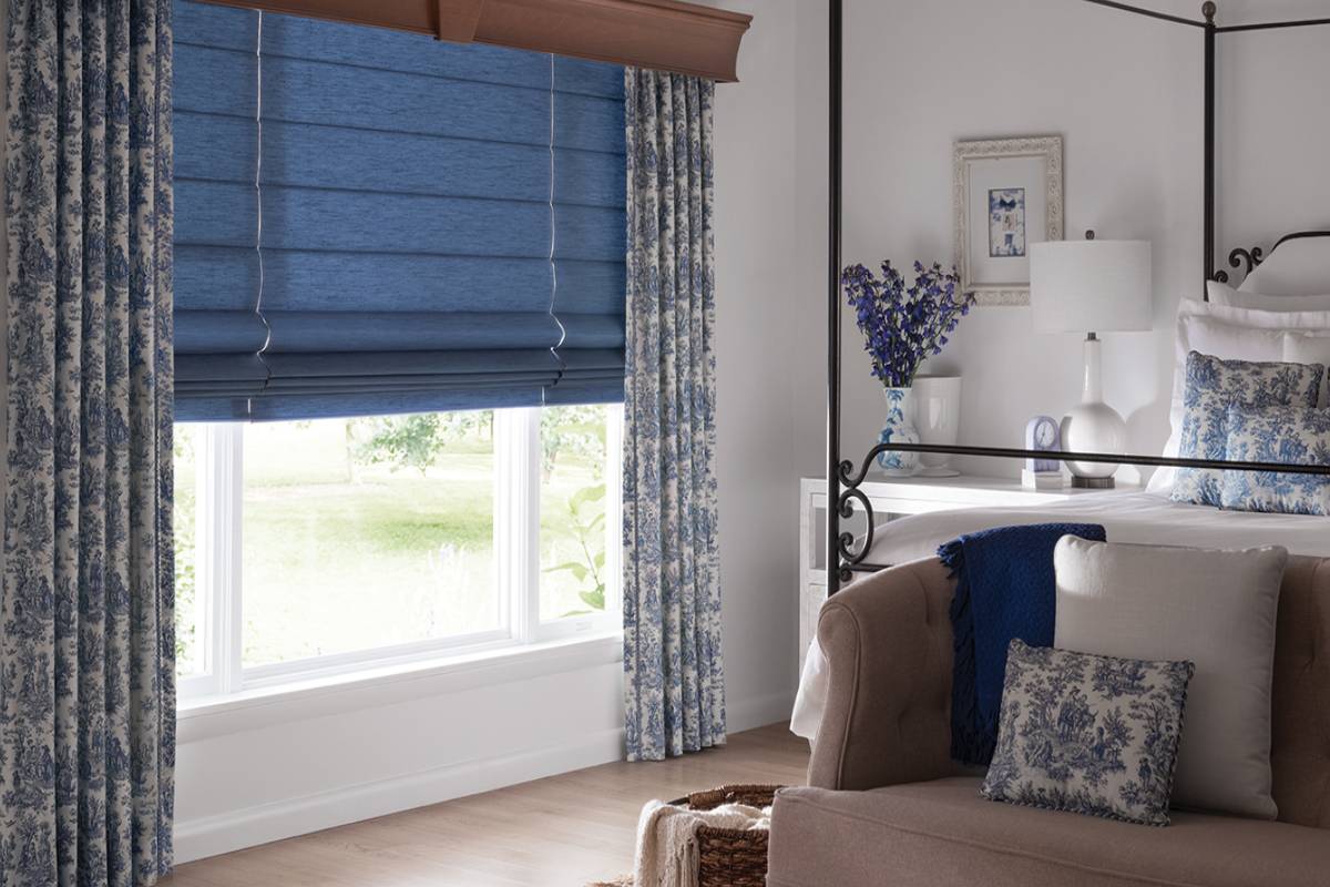 Graber® Artisan Roman Shades window treatments on a bedroom window near Glendora, California (CA)