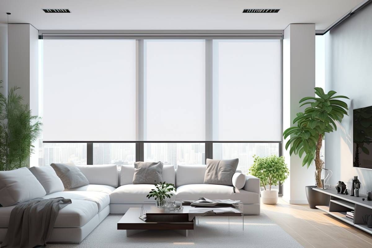 A living room with a white and neutral color scheme, outfitted with large motorized blinds near Glendora, California (CA)