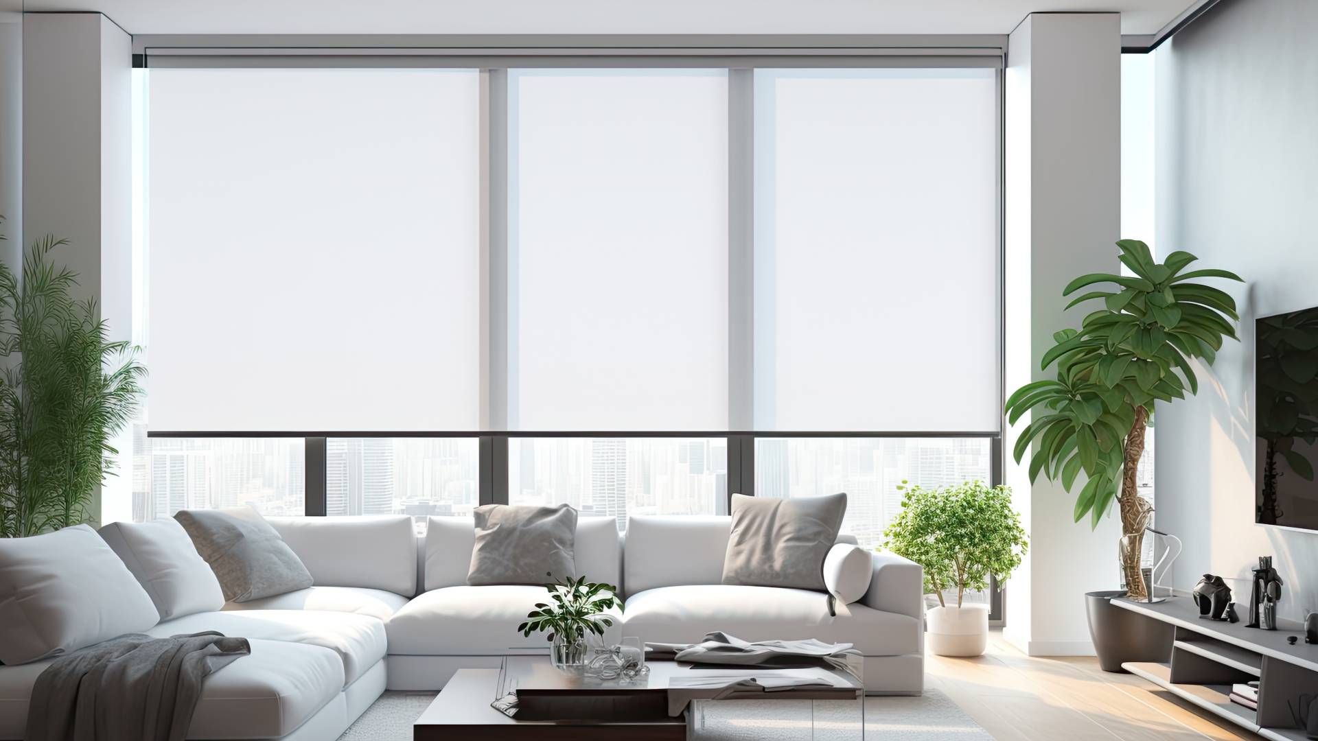 A living room with a white and neutral color scheme, outfitted with large motorized blinds near Glen