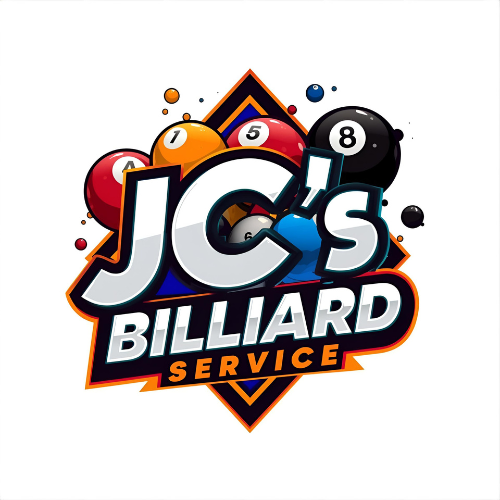 Logo for JC's Billiard Service featuring billiard balls (1, 5, 8), name, and a diamond frame.