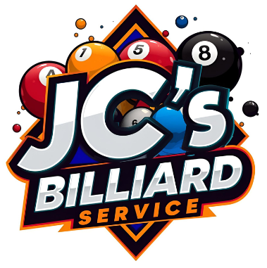 Logo for JC's Billiard Service featuring billiard balls and text on a geometric background.
