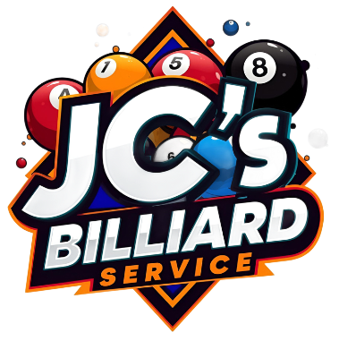 Logo for JC's Billiard Service featuring billiard balls (1, 5, 8), name in white letters, and diamond shape.