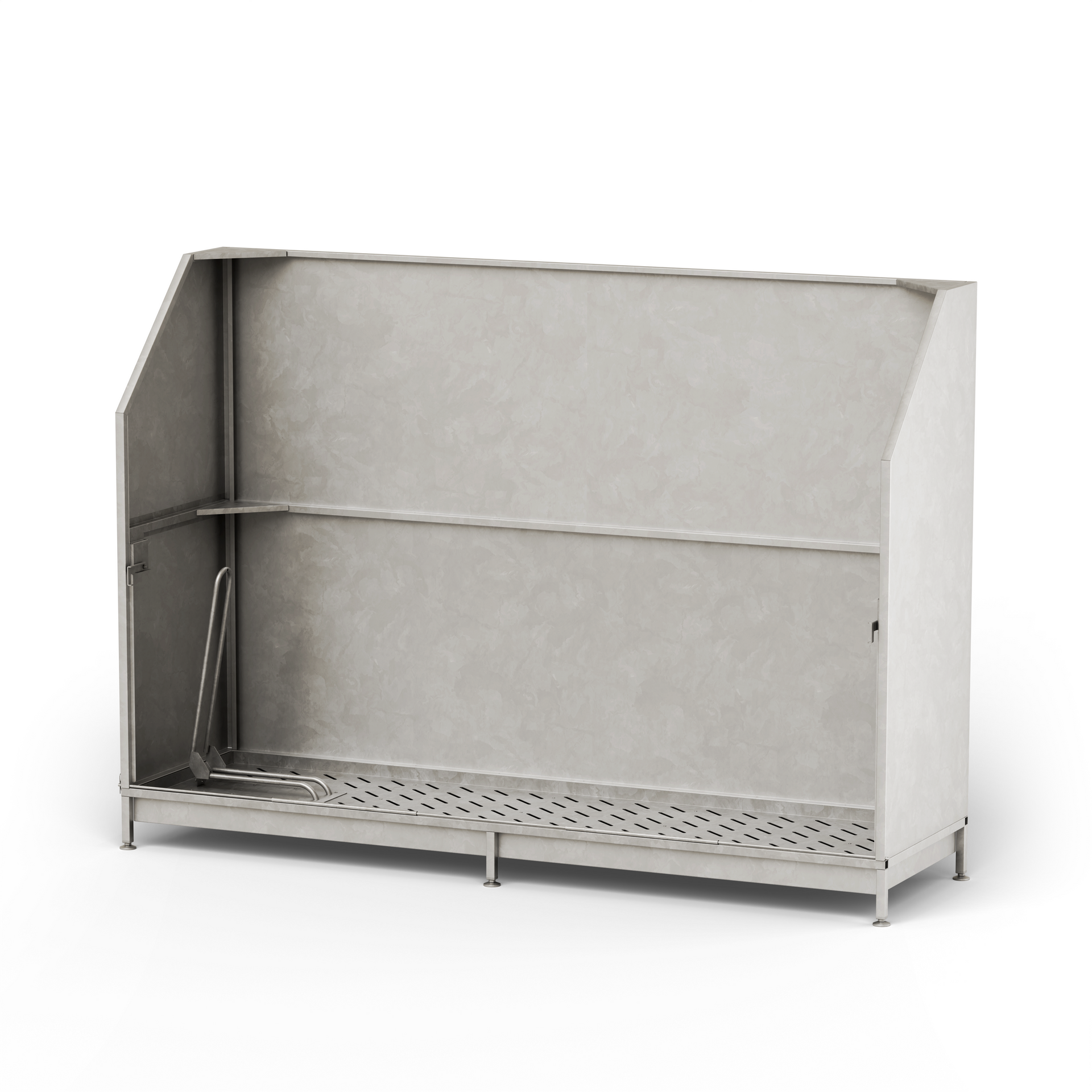 Vaskestasjon i rustfritt stål med hylle og avløpsrist.