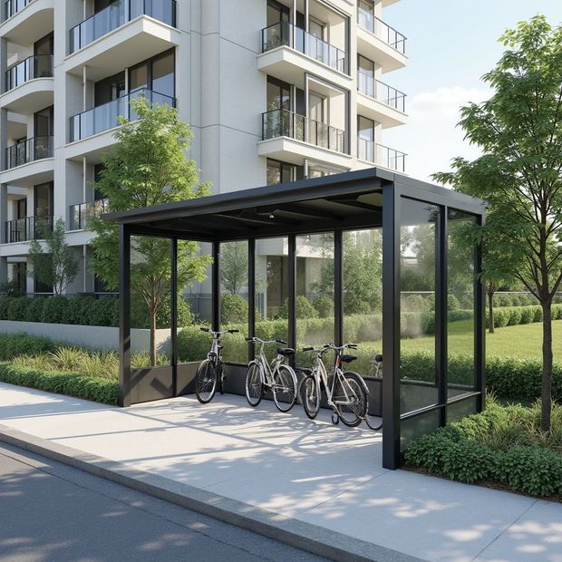 Sykkelskur med sykler parkert inne, foran en bygård, på en solskinnsdag.