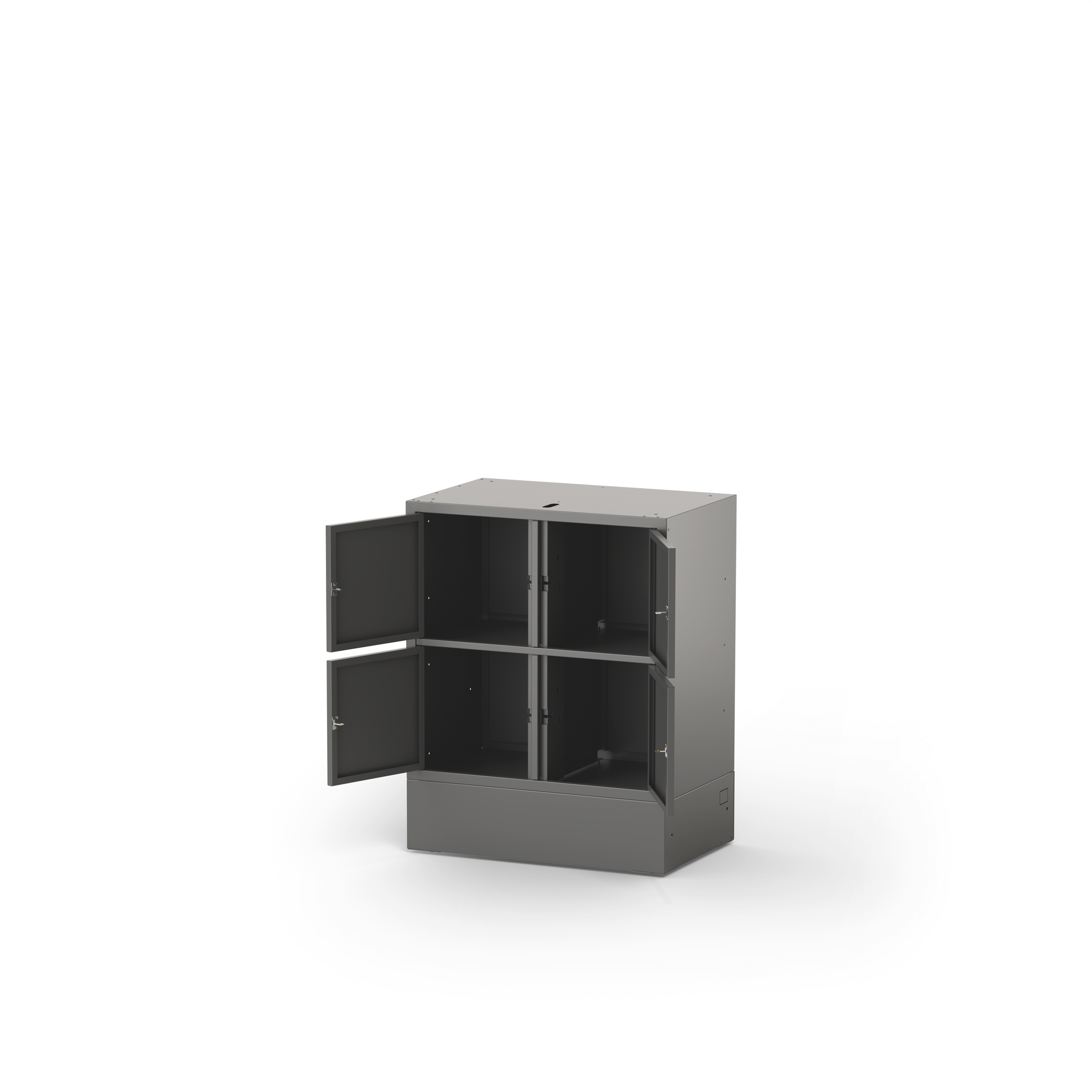Et grått oppbevaringsskap i metall med fire rom og to åpne dører.