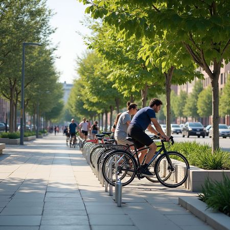 Folk sykler og går langs et fortau med trær. Sykler parkert i stativ.