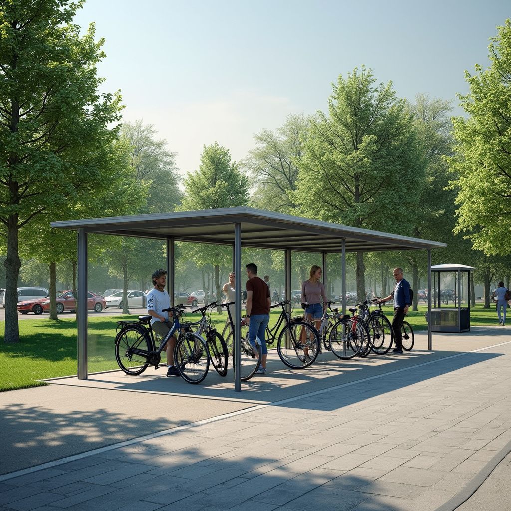 Sykkelskur med flere sykler parkert under. Folk står rundt og i nærheten av syklene i en park.