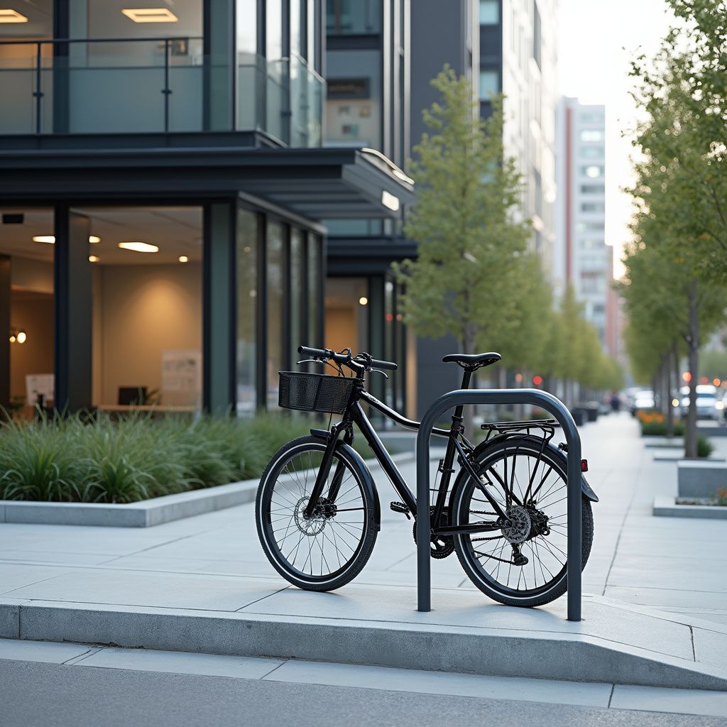 Svart sykkel parkert ved et sykkelstativ på et fortau i byen, i nærheten av en moderne bygning.